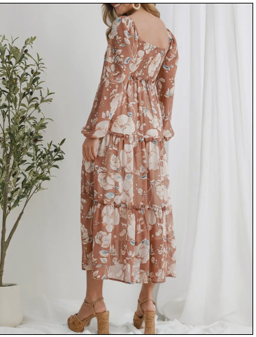 Floral Print Shirred High Waist Maxi Dress