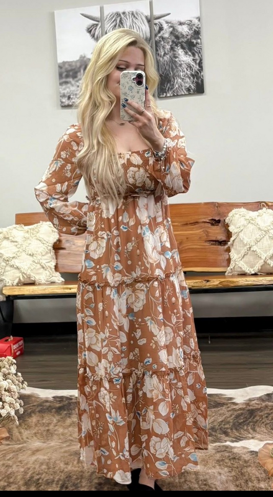 Floral Print Shirred High Waist Maxi Dress