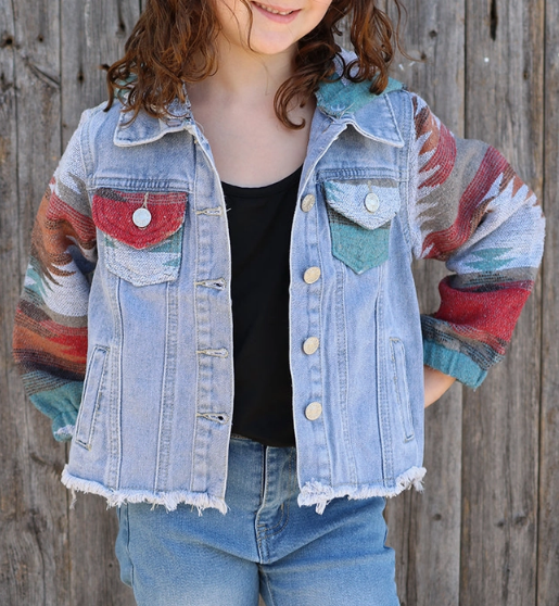 Aztec Sleeves Hoodie Denim Jacket