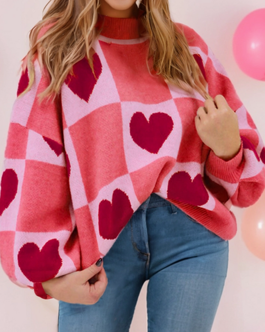 PREORDER Love Heart Block Mock Neck Valentine Sweater