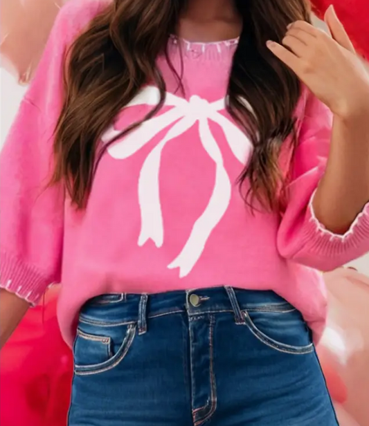 PREORDER Bow Contrast Stitch Trim Drop Shoulder Sweater