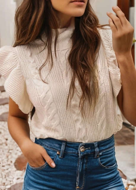 Ribbed Turtleneck Ruffled Short Sleeve Sweater