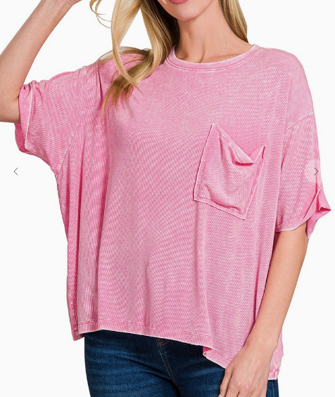 Washed Ribbed Cuffed Short Sleeve Round Neck Top