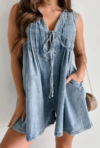 Ladies Tie Front V-Neck Sleeveless Denim Romper 9025