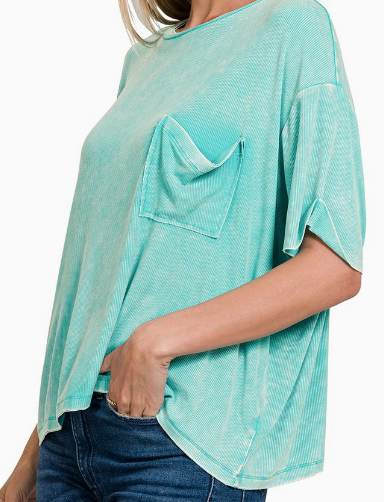 Washed Ribbed Cuffed Short Sleeve Round Neck Top